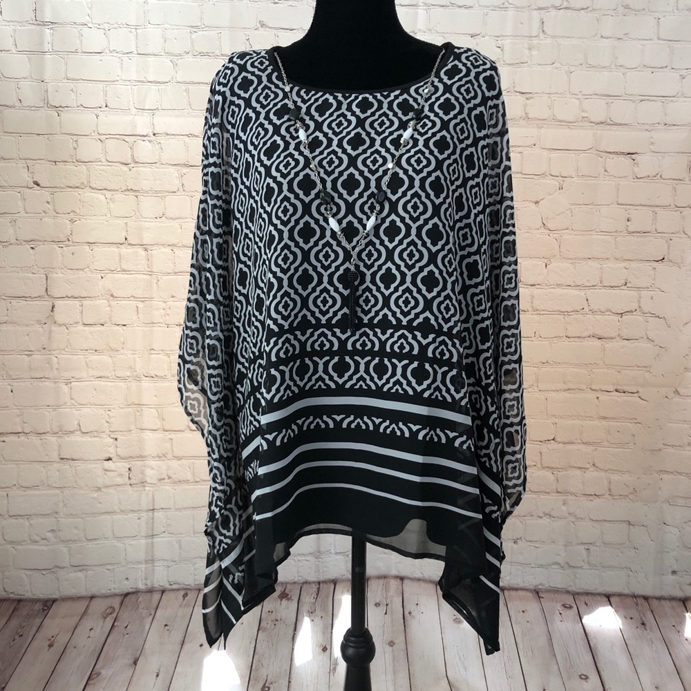 NWT Black and White Blouse with Attached Necklace